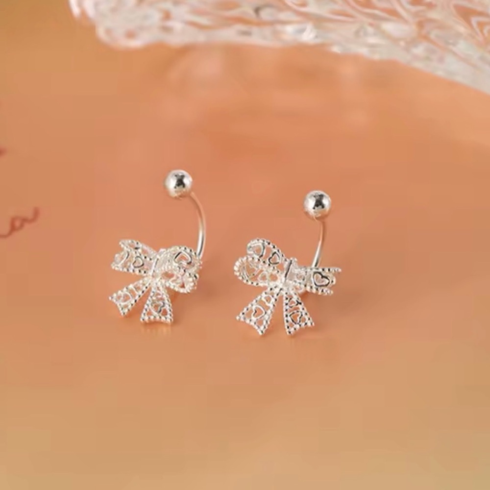 S925 Real Silver Lace Heart Hollow Bow Screw Buckle Puncture Stud Earrings. . - Picture 3 of 6